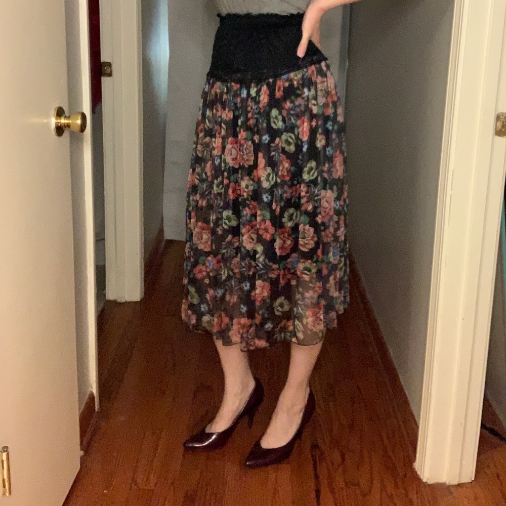 High Waisted Black Lace and Floral Print Skirt